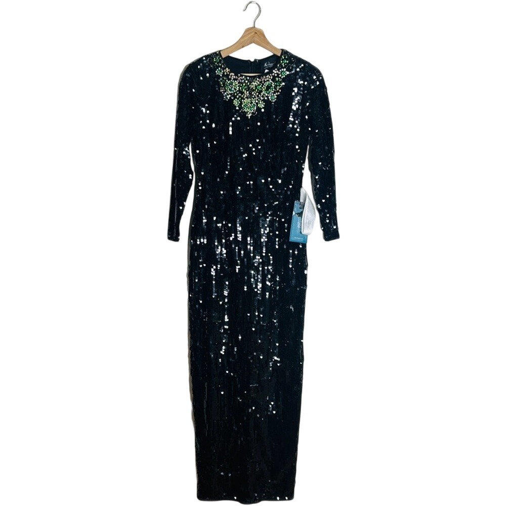 Mac Duggal Sequined Embellished Collar Gown in Black Green size 6 style 93613 - Picture 3 of 16